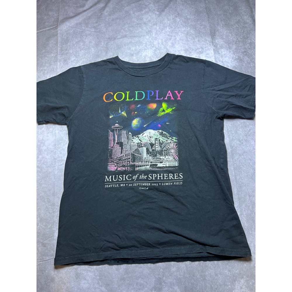 Coldplay T-Shirt Mens Large Black Music of the Spheres 2023 Seattle Tour Graphic